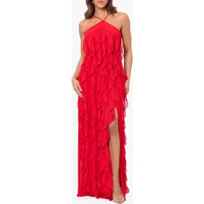 Xscape Evenings Corkscrew Ruffle Chiffon Gown In Red