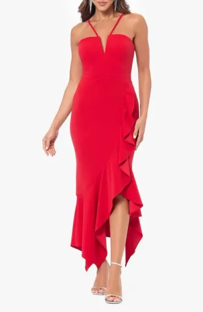 Xscape Evenings Deep V-neck Handkerchief Hem Cocktail Dress In Red