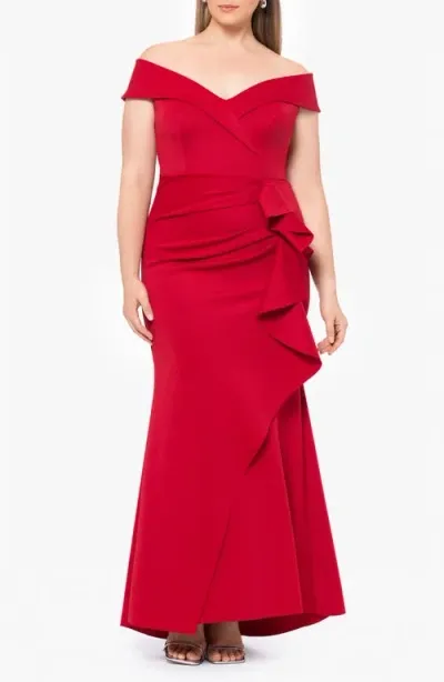 Xscape Evenings Off The Shoulder Ruffle Scuba Gown In Red