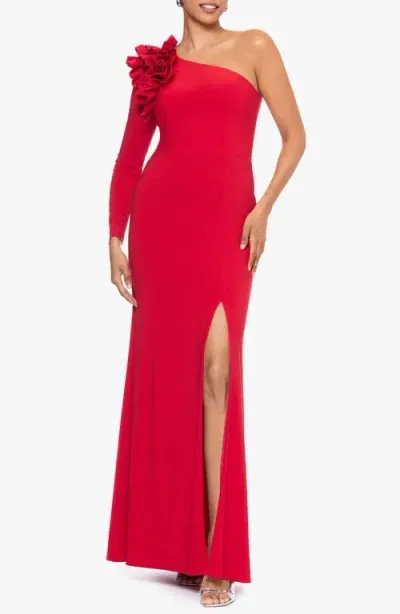 Xscape Evenings Ruffle One-shoulder Gown In Red