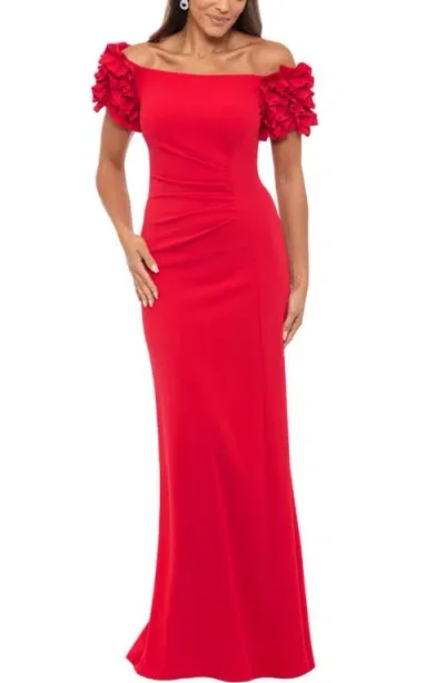 Xscape Evenings Ruffle Sleeve Off The Shoulder Gown In Red