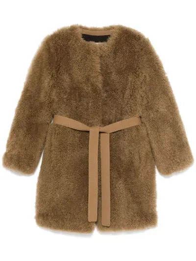 Yves Salomon Collarless Fur Coat In Brown