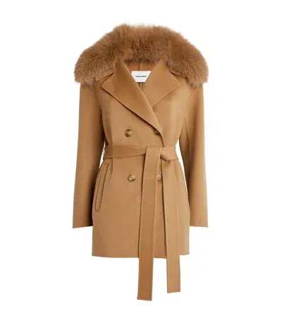 Yves Salomon Wool-cashmere Fur-trim Coat In Beige