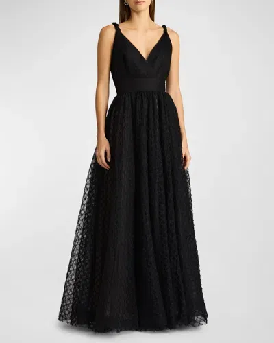 Zac Posen Sleeveless Pleated Tulle Applique Gown In Black