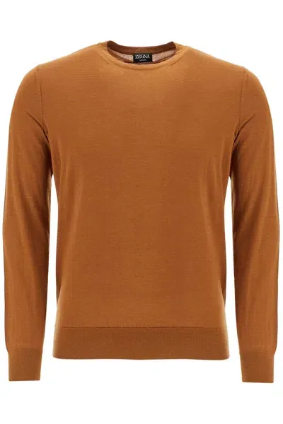 Zegna Cash Seta Crew Neck Sweater In Brown