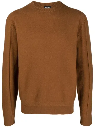 Zegna Crew-neck Wool-cashmere Jumper In Brown