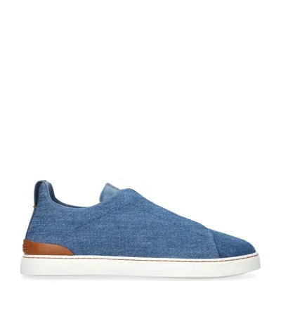 Zegna Denim Triple Stitch Sneakers In Blue