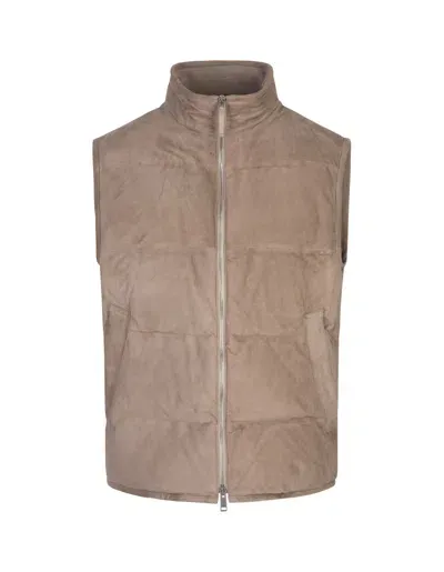 Zegna Khaki Suede Padded Gilet In Brown