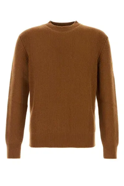 Zegna Cashmere Crew Neck Sweater With Ribbed Texture In Brown