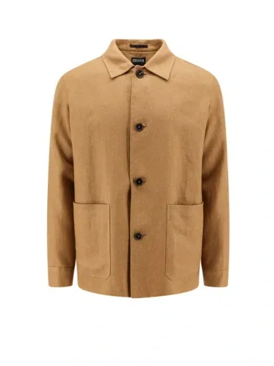 Zegna Linen Chore Jacket In Brown