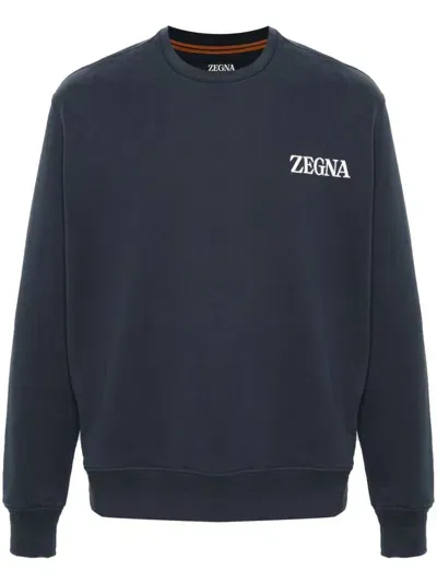 Zegna Crewneck Sweatshirt With Rubberized Logo In Blue