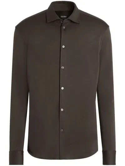 Zegna Long-sleeve Point-collar Shirt In Brown