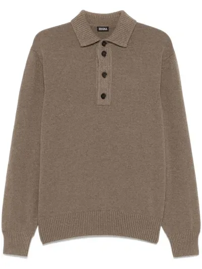 Zegna Mélange-effect Polo Shirt In Brown