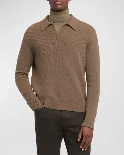 Zegna Men's Melange Oasi Cashmere Polo Sweater In Md Grn Sld