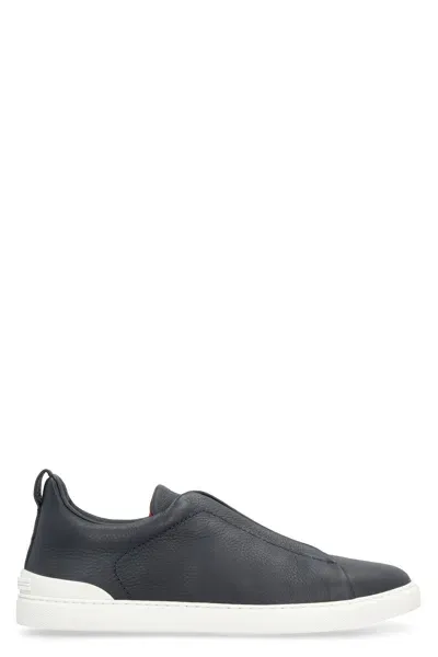 Zegna Navy Blue Deerskin Triple Stich Sneakers For Men