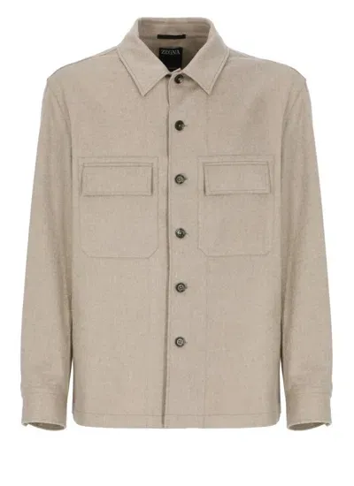 Zegna Cashmere Overshirt In Neutrals