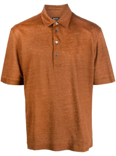 Zegna Short-sleeve Linen Polo Shirt In Brown