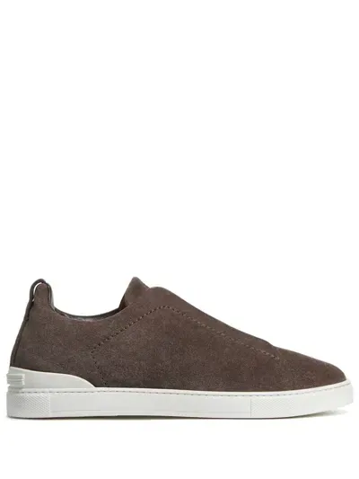 Zegna Triple Stitch Suede Trainers In Brown