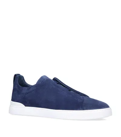 Zegna Suede Triple Stitch Sneakers In Blue