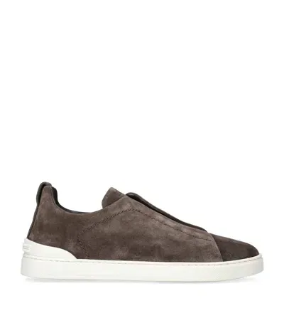 Zegna Suede Triple Stitch Sneakers In Brown