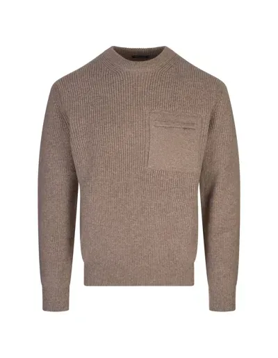 Zegna Taupe Cashmere Sweater With Pocket In Brown