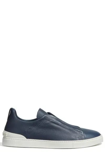 Zegna Triple Stitch Leather Sneakers In Blue