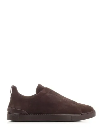 Zegna Triple Stitch Sneakers In Suede Leather In Brown