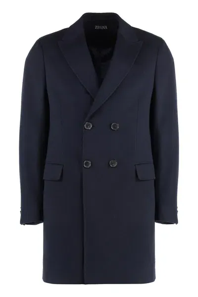 Zegna Wool Blend Double-breasted Coat In Blue