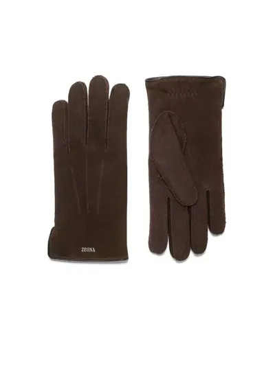 Zegna Zenga Suede Gloves In Brown