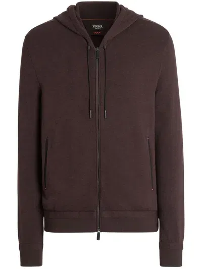 Zegna Zip-up Wool Hoodie In Brown