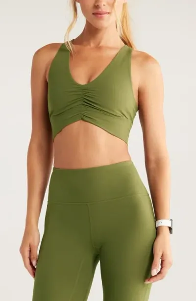 Zella Studio Luxe Ballet Longline Sports Bra In Olive Night