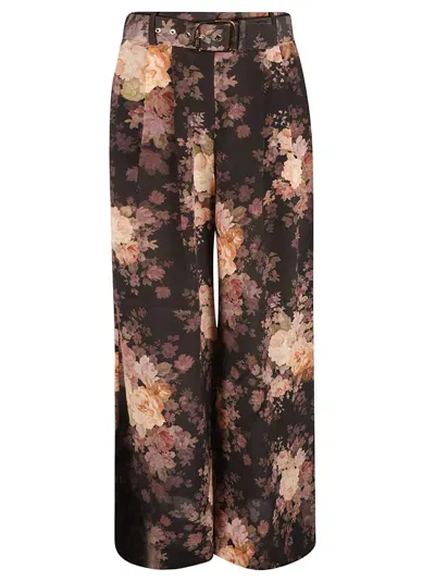 Zimmermann Floral Print Belted Trousers In Black