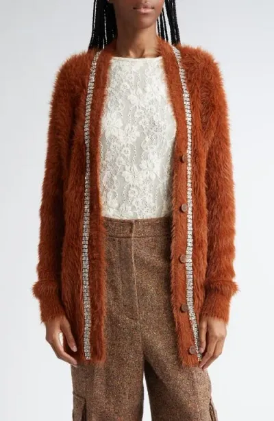 Zimmermann Illustration Fluffy Crystal Embellished Faux Fur Cardigan In Brown