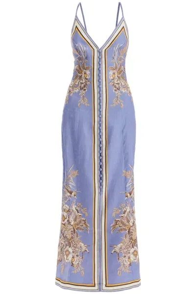 Zimmermann Long Linen Dress In Ottie Style In Blue