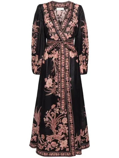 Zimmermann Waverly Wrap Multicolor Midi Dress In Black