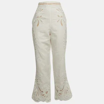 Pre-owned Zimmermann White Embroidered Linen Wide Legs Pants M