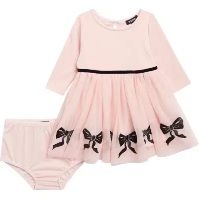 Zunie Babies'  Bow Embroidered Long Sleeve Tulle Dress & Bloomers In Blush