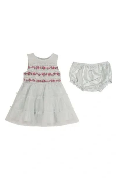 Zunie Babies'  Embroidered Tiered Mesh Dress & Bloomers In Sage