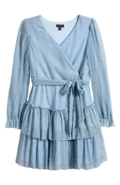 Zunie Kids' Metallic Long Sleeve Plissé Dress In Icy Blue