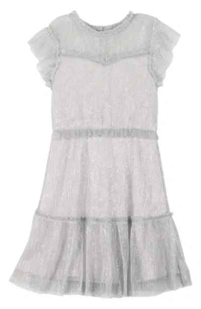 Zunie Kids' Metallic Ruffle Plissé Tiered Party Dress In Silver