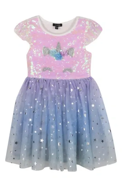 Zunie Kids' Unicorn Sequin Star Mesh Party Dress In Purple/ivory