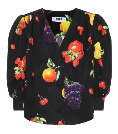 Msgm Fruit-print Cotton Blouse In Black