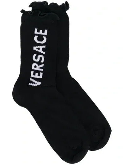 Versace Short Socks W/ Vertical Logo In Black