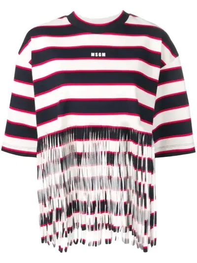 Msgm Striped Fringed T-shirt In Black