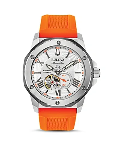 Bulova Men's Automatic Marine Star Orange Silicone Strap Watch 45mm In Orange/white