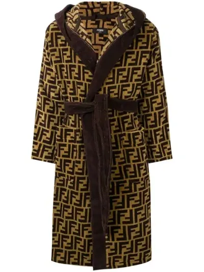 Fendi Men's Logo Jacquard Hooded Robe In Brown