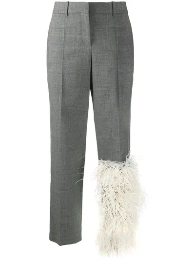 Loewe Feather-embellished Wool Straight-leg Pants In Grey,white