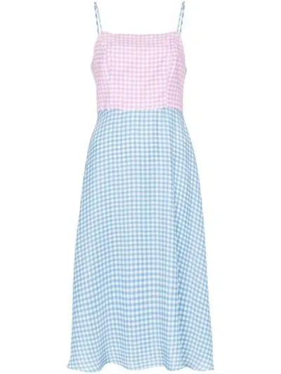 Hvn Nora Contrast Gingham-print Silk Midi Dress In Blue