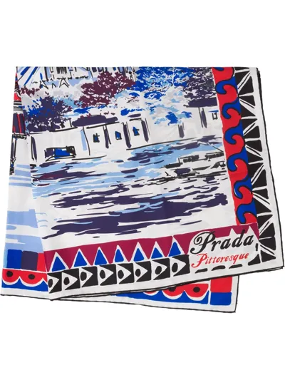 Prada Pittoresque Paris Printed Silk 90 Foulard In Blue