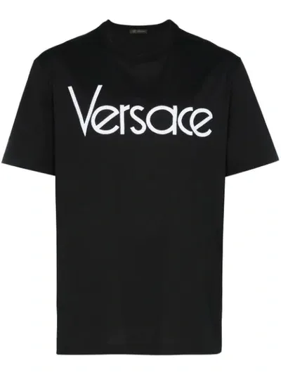 Versace Logo-embroidered Cotton T-shirt In Black